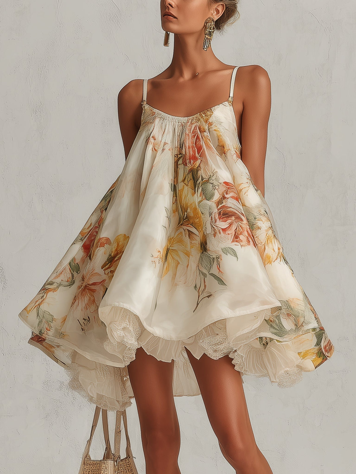 Blanche | Mini Abito Trapezio in Organza Floreale Beige con Bordo in Pizzo