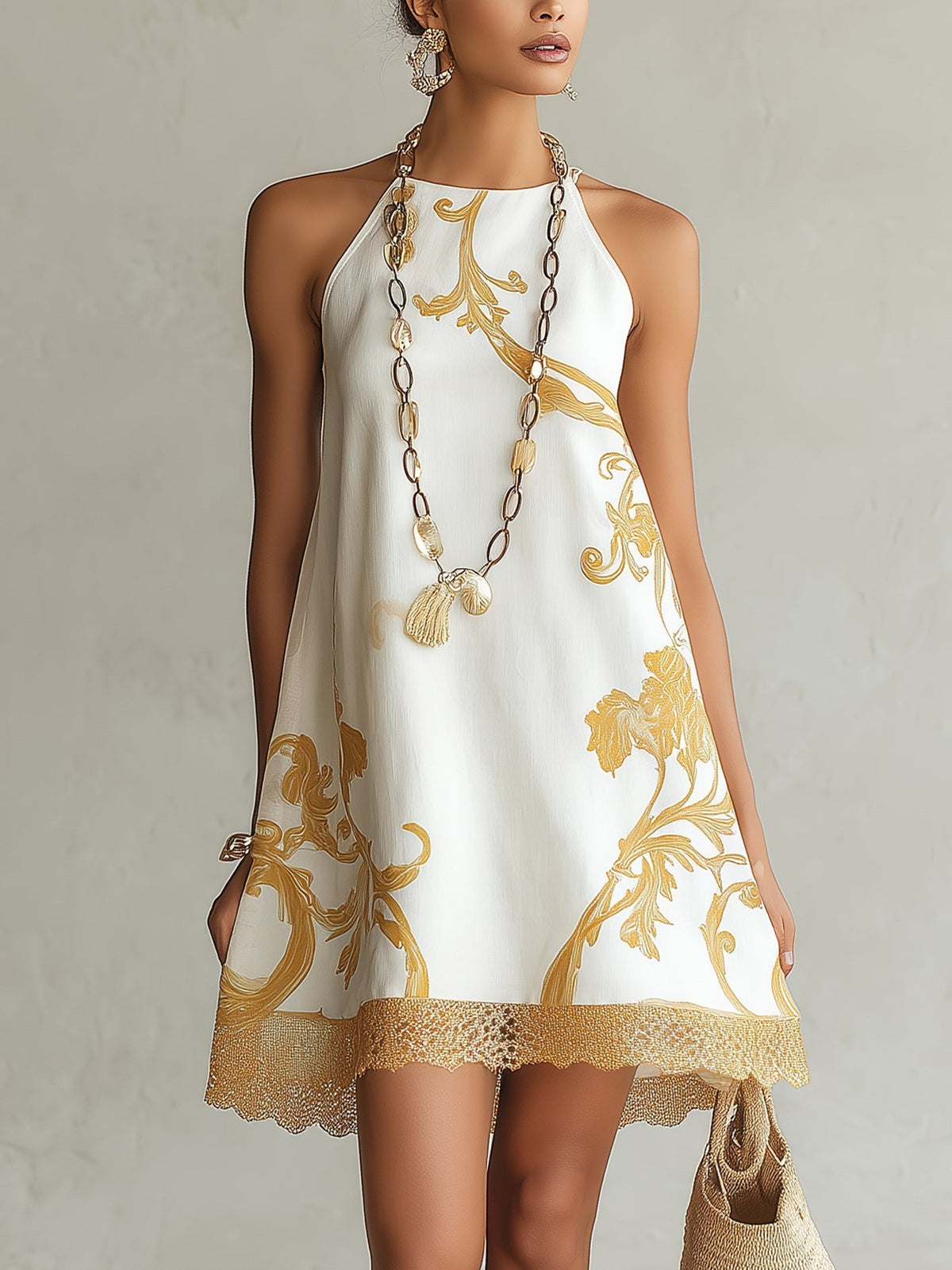 Héloïse | Mini Abito in Pizzo Bianco con Motivi Dorati