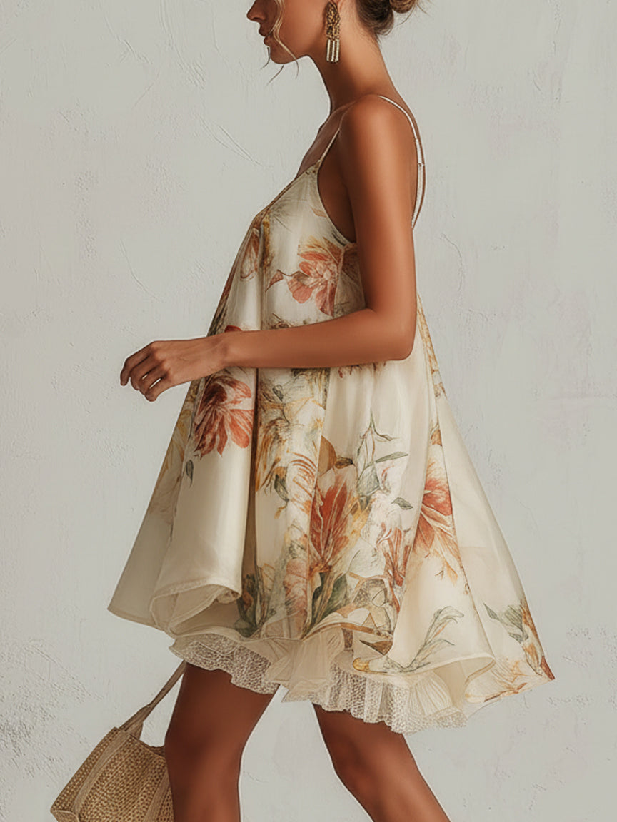 Blanche | Mini Abito Trapezio in Organza Floreale Beige con Bordo in Pizzo