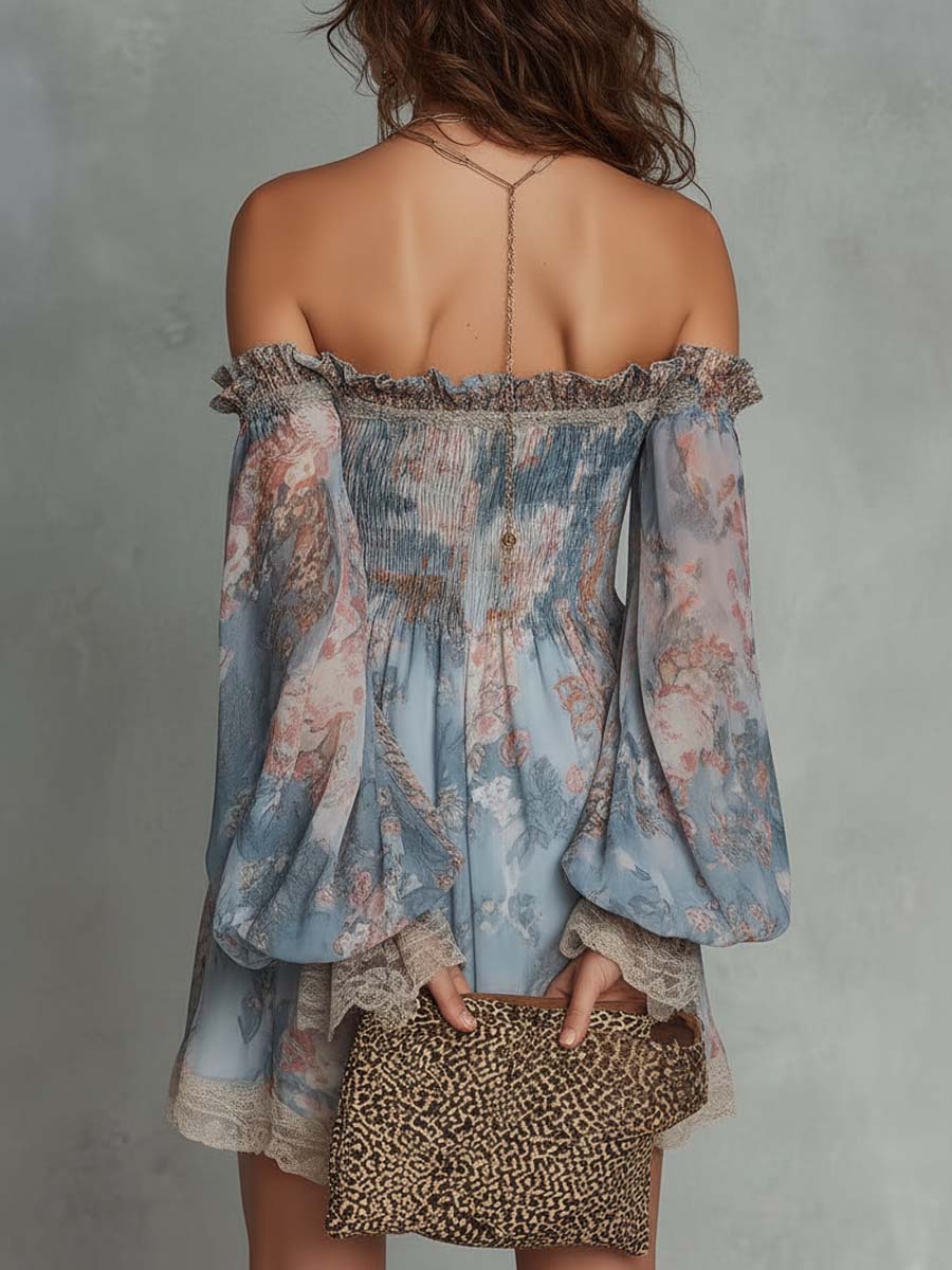 Romane | Mini Abito in Mousseline Arricciato a Spalle Scoperte con Fiori Romantici