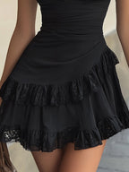 Estelle | Mini Abito a Balze in Pizzo Nero con Scollo a V