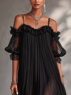 Camille | Mini Abito in Mousseline Nera a Spalle Scoperte con Bordo in Pizzo