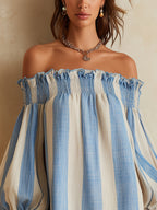 Ondine | Mini Abito a Righe Blu e Bianco a Spalle Scoperte con Orlo a Contrasto