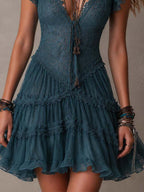 Delphine | Mini Abito a Balze in Pizzo e Mousseline Blu Retrò