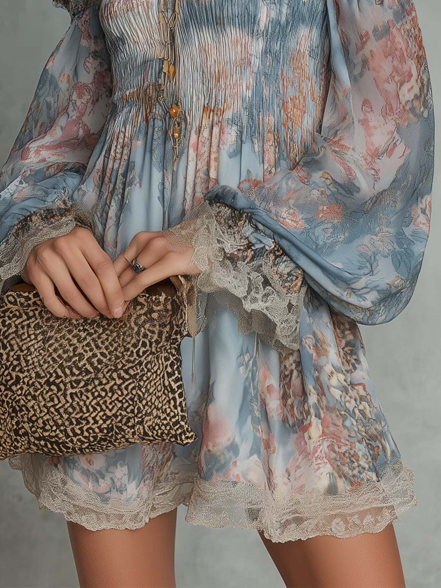 Romane | Mini Abito in Mousseline Arricciato a Spalle Scoperte con Fiori Romantici