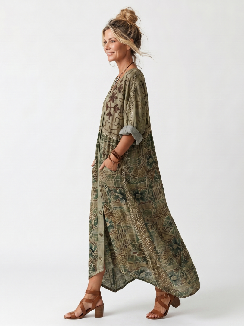 Aleta | Abito Midi Oversize con Bottoni Frontali e Tasche