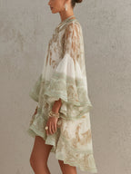 Rosalie | Mini Abito in Mousseline con Maniche a Balze e Orlo a Righe Verdi