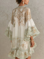 Rosalie | Mini Abito in Mousseline con Maniche a Balze e Orlo a Righe Verdi
