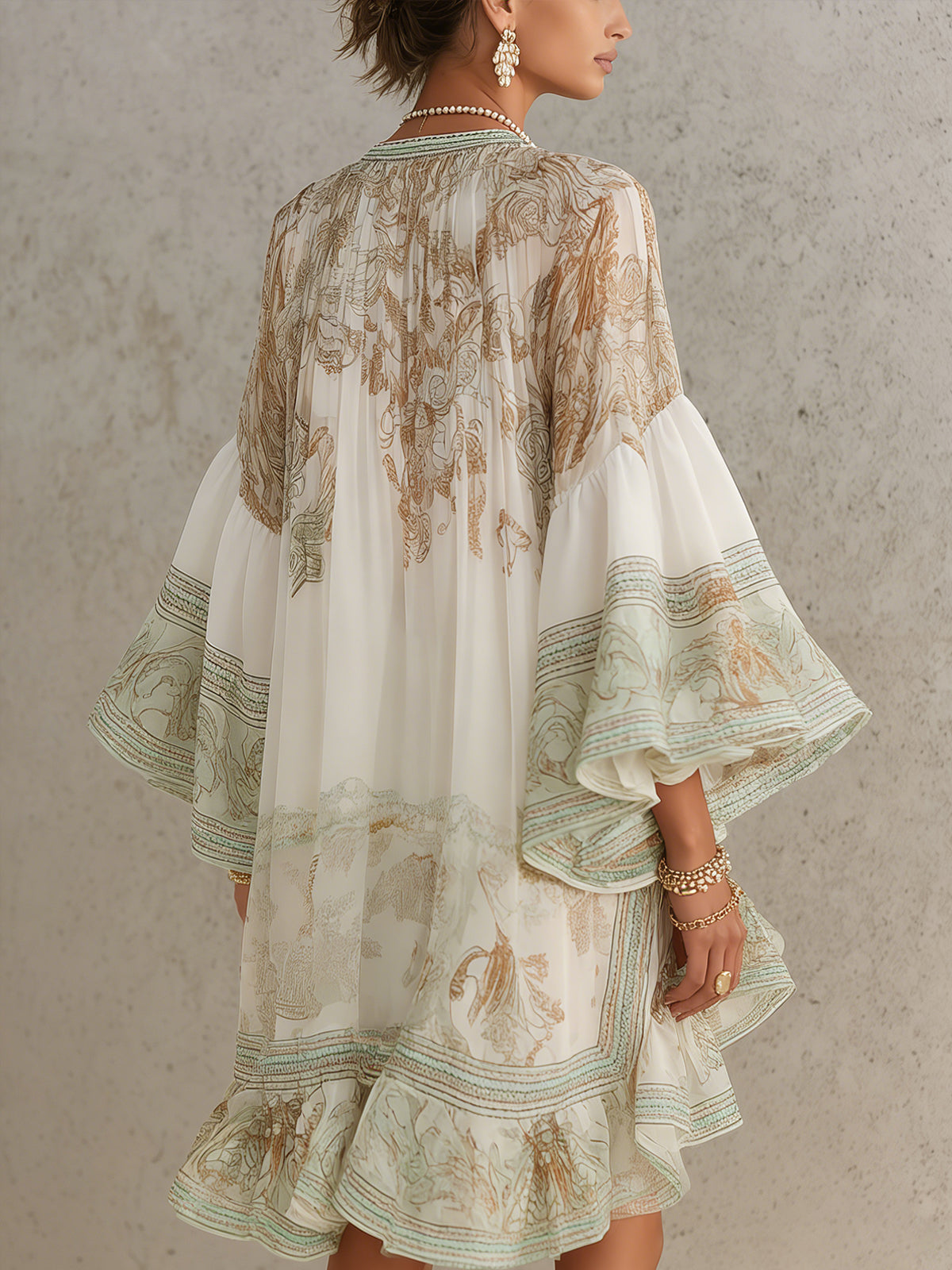 Rosalie | Mini Abito in Mousseline con Maniche a Balze e Orlo a Righe Verdi