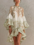 Rosalie | Mini Abito in Mousseline con Maniche a Balze e Orlo a Righe Verdi
