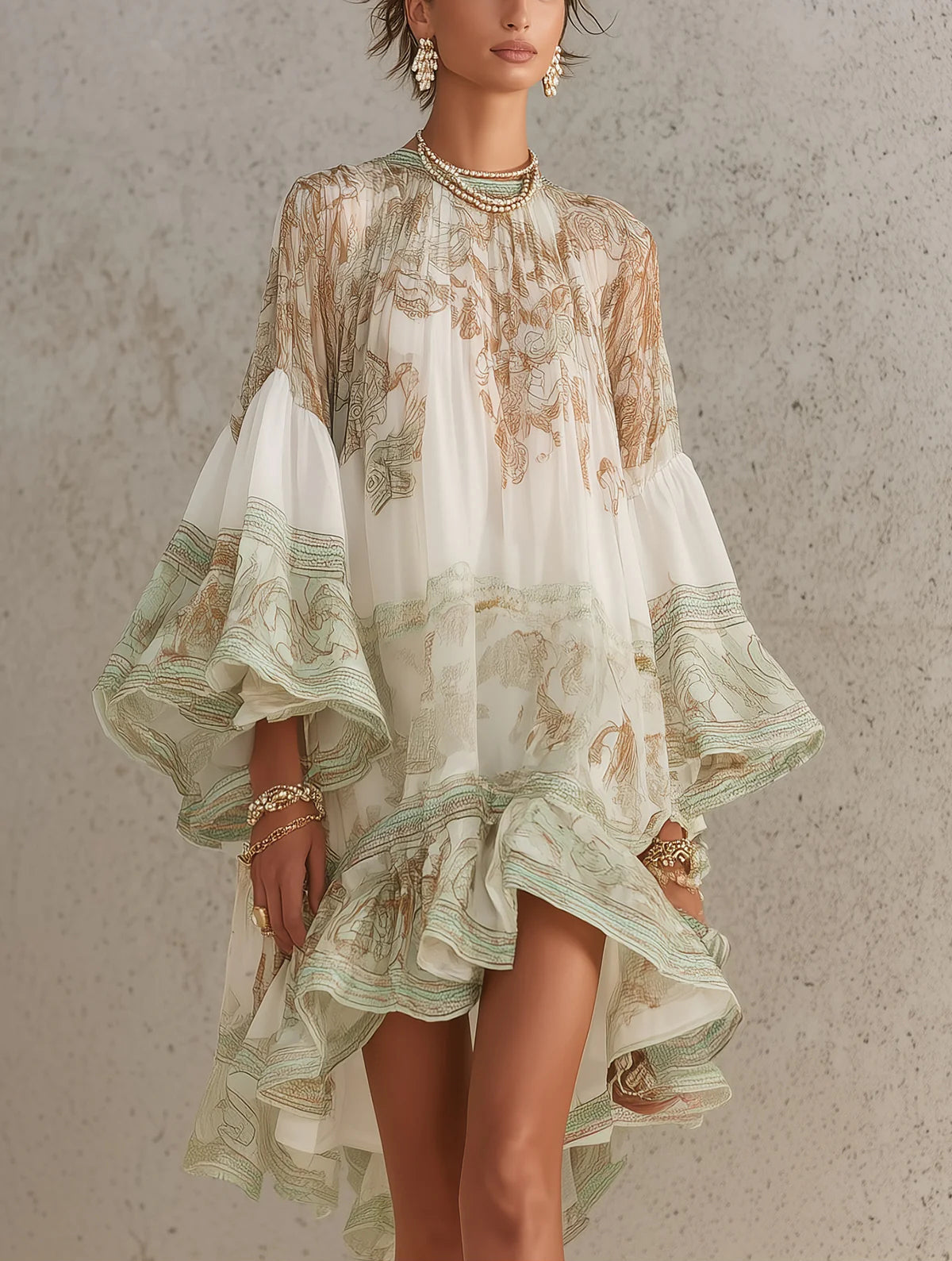 Rosalie | Mini Abito in Mousseline con Maniche a Balze e Orlo a Righe Verdi