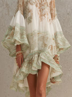 Rosalie | Mini Abito in Mousseline con Maniche a Balze e Orlo a Righe Verdi