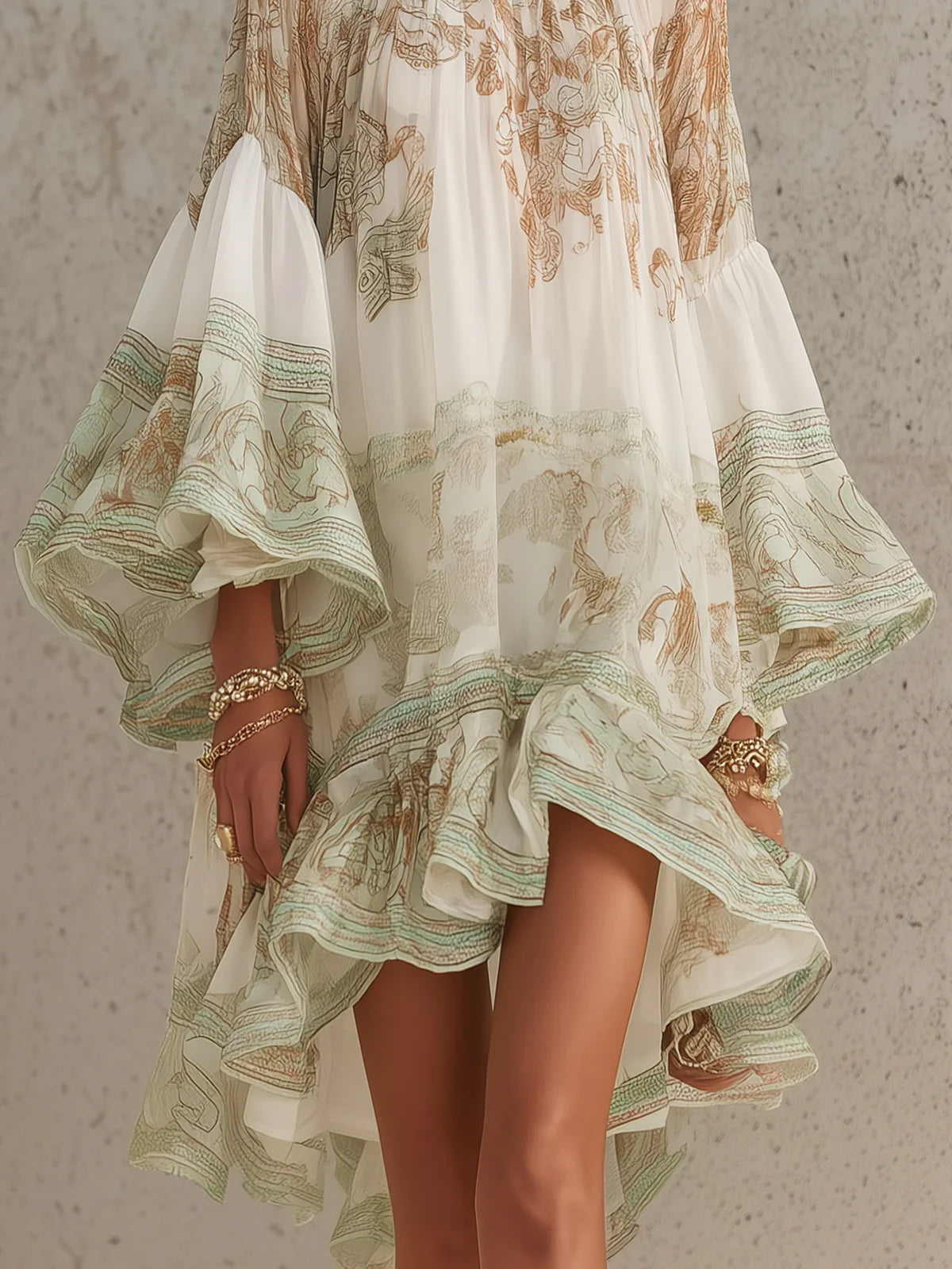 Rosalie | Mini Abito in Mousseline con Maniche a Balze e Orlo a Righe Verdi