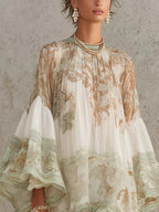 Rosalie | Mini Abito in Mousseline con Maniche a Balze e Orlo a Righe Verdi