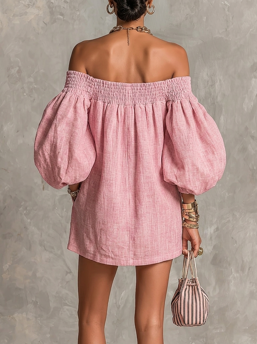 Violette | Mini Abito Trapezio Rosa con Maniche a Lanterna e Spalle Scoperte