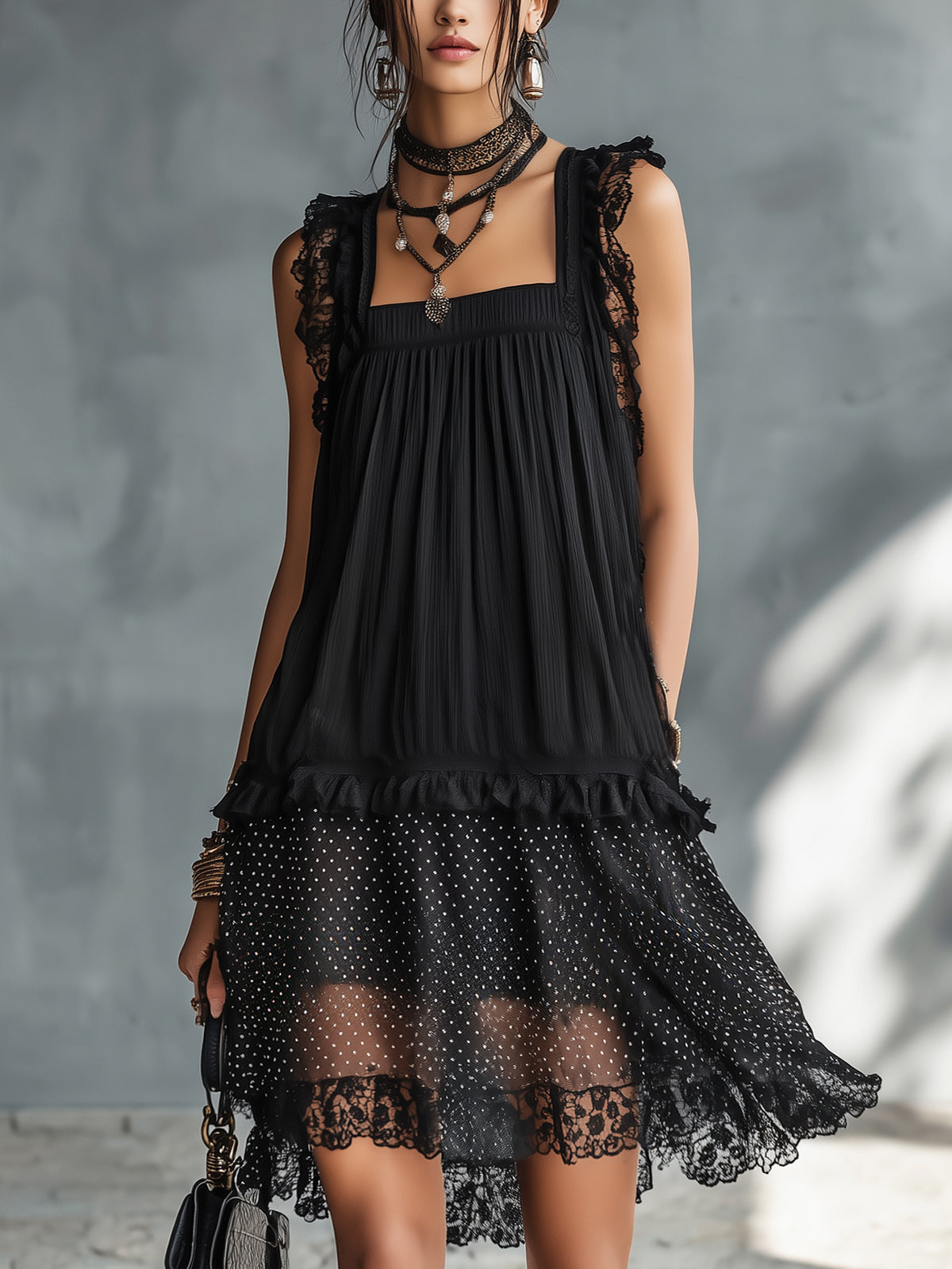 Pauline | Mini Abito Trasparente a Pois con Balze e Bordo in Pizzo Nero