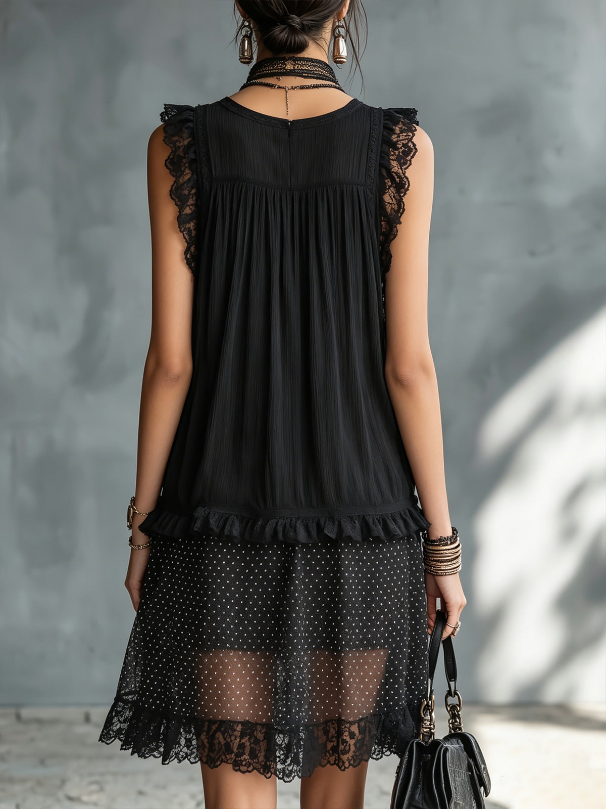 Pauline | Mini Abito Trasparente a Pois con Balze e Bordo in Pizzo Nero