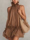 Bettina | Mini Abito Senza Maniche in Mousseline Marrone, Collo Halter e Balze