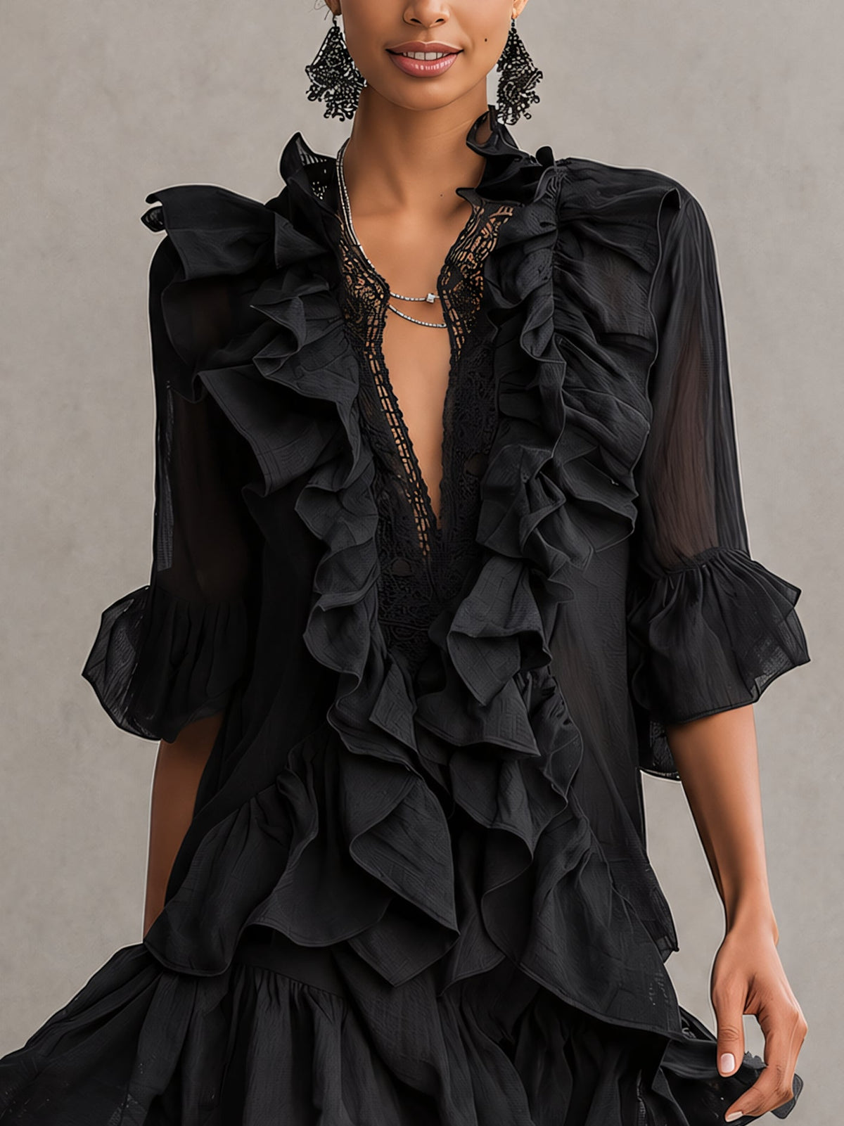 Anaïs | Mini Abito in Mousseline Nera a Balze