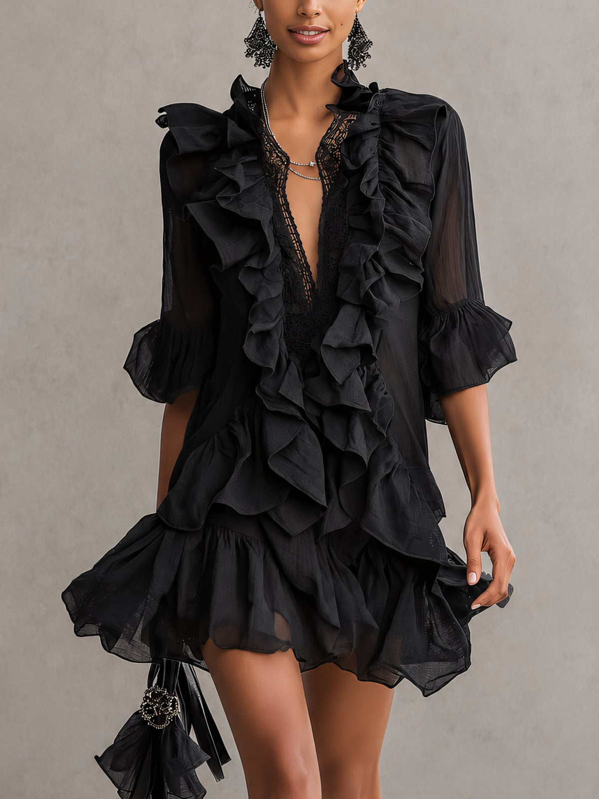 Anaïs | Mini Abito in Mousseline Nera a Balze