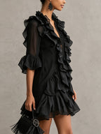 Anaïs | Mini Abito in Mousseline Nera a Balze