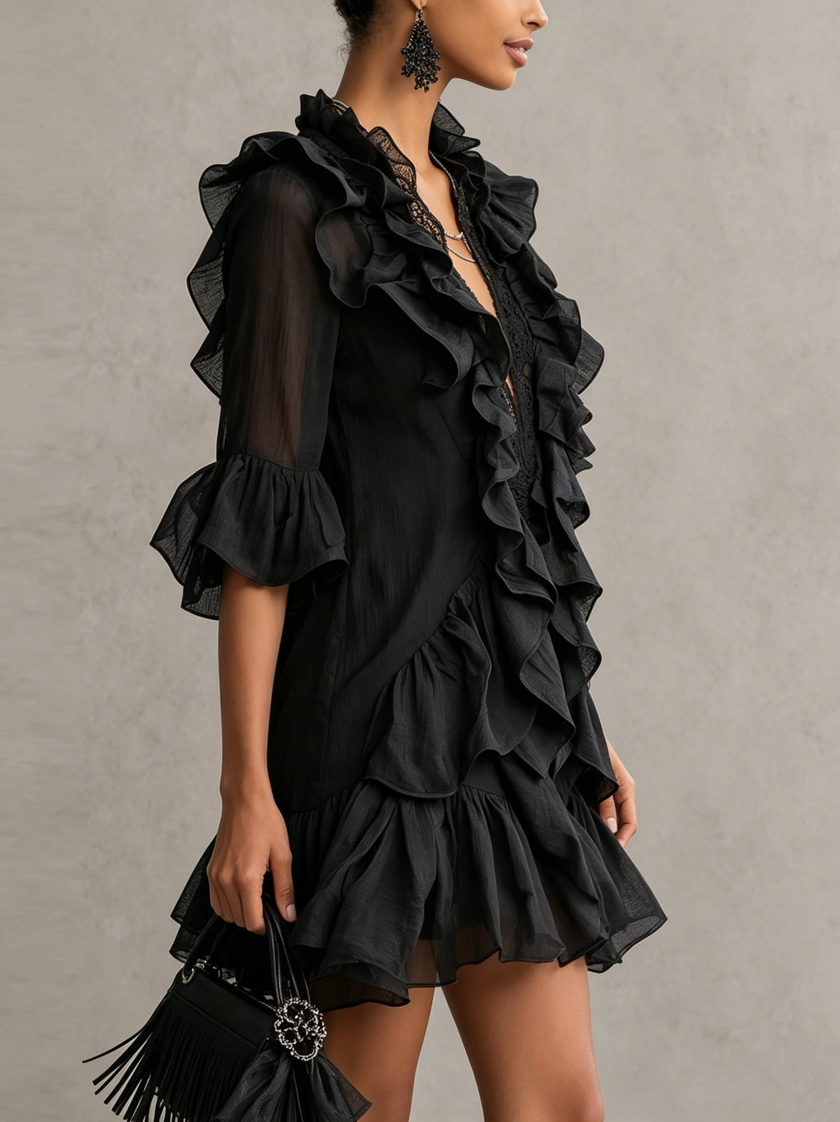 Anaïs | Mini Abito in Mousseline Nera a Balze