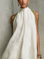 Agathe | Mini Abito Trapezio Senza Maniche Bianco e Verde Oliva Floreale