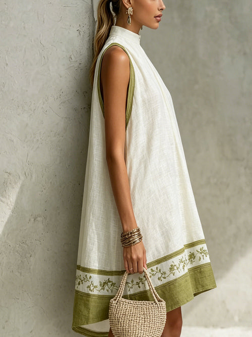 Agathe | Mini Abito Trapezio Senza Maniche Bianco e Verde Oliva Floreale