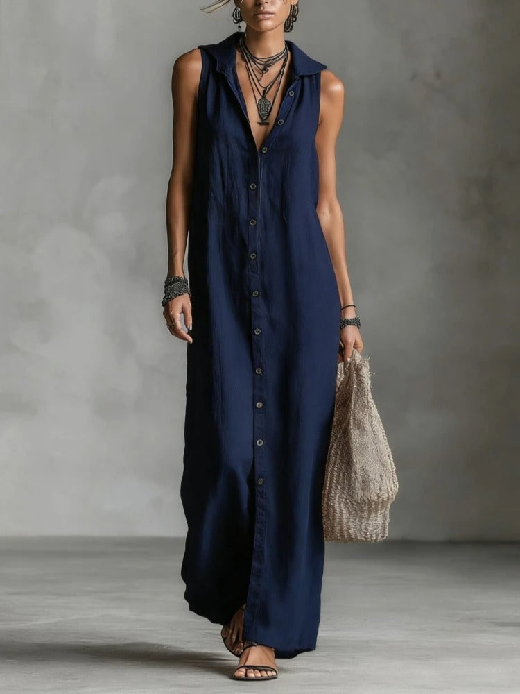 Théa | Vestito Lungo in Lino con Cappuccio e Bottoni