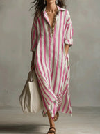 Victoire | Vestito Lungo a Righe con Colletto Camicia
