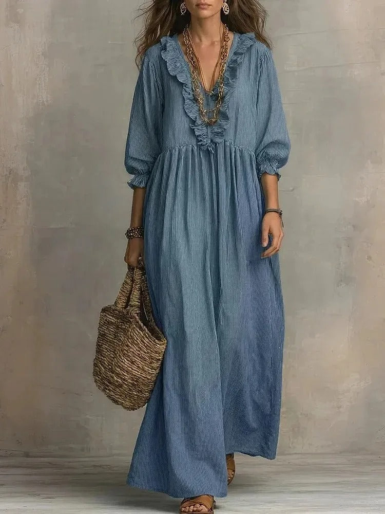 Margot | Vestito Lungo a Righe con Scollo a V e Volant
