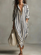 Victoire | Vestito Lungo a Righe con Colletto Camicia
