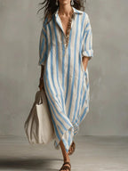 Victoire | Vestito Lungo a Righe con Colletto Camicia