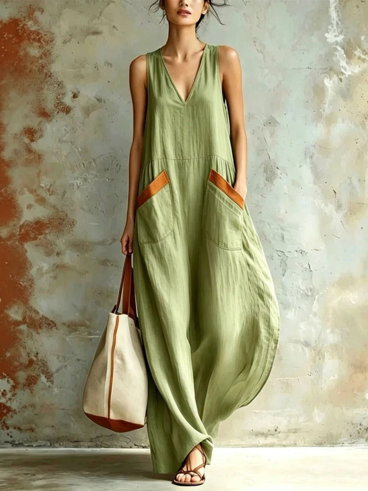 Ondine | Vestito Lungo Bohémien Senza Maniche con Tasche a Contrasto