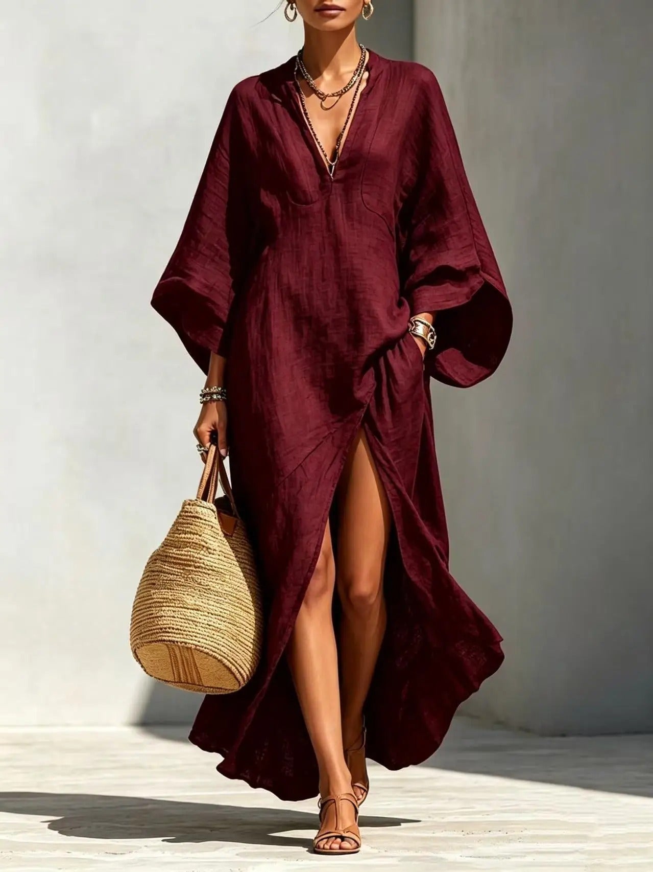 Delphine | Vestito Caftan in Lino con Scollo a V e Spacco Laterale