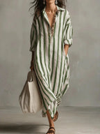 Victoire | Vestito Lungo a Righe con Colletto Camicia