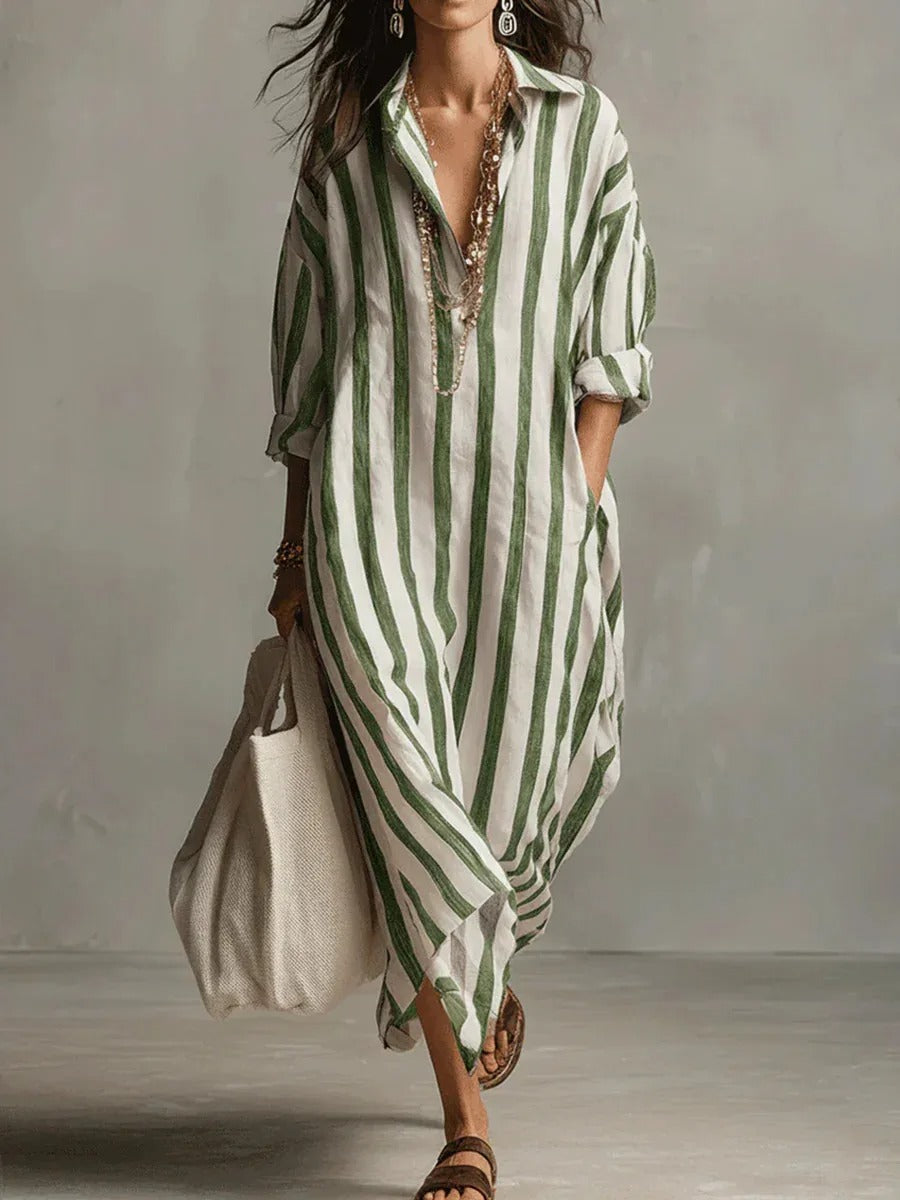 Victoire | Vestito Lungo a Righe con Colletto Camicia