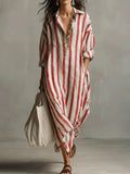 Victoire | Vestito Lungo a Righe con Colletto Camicia