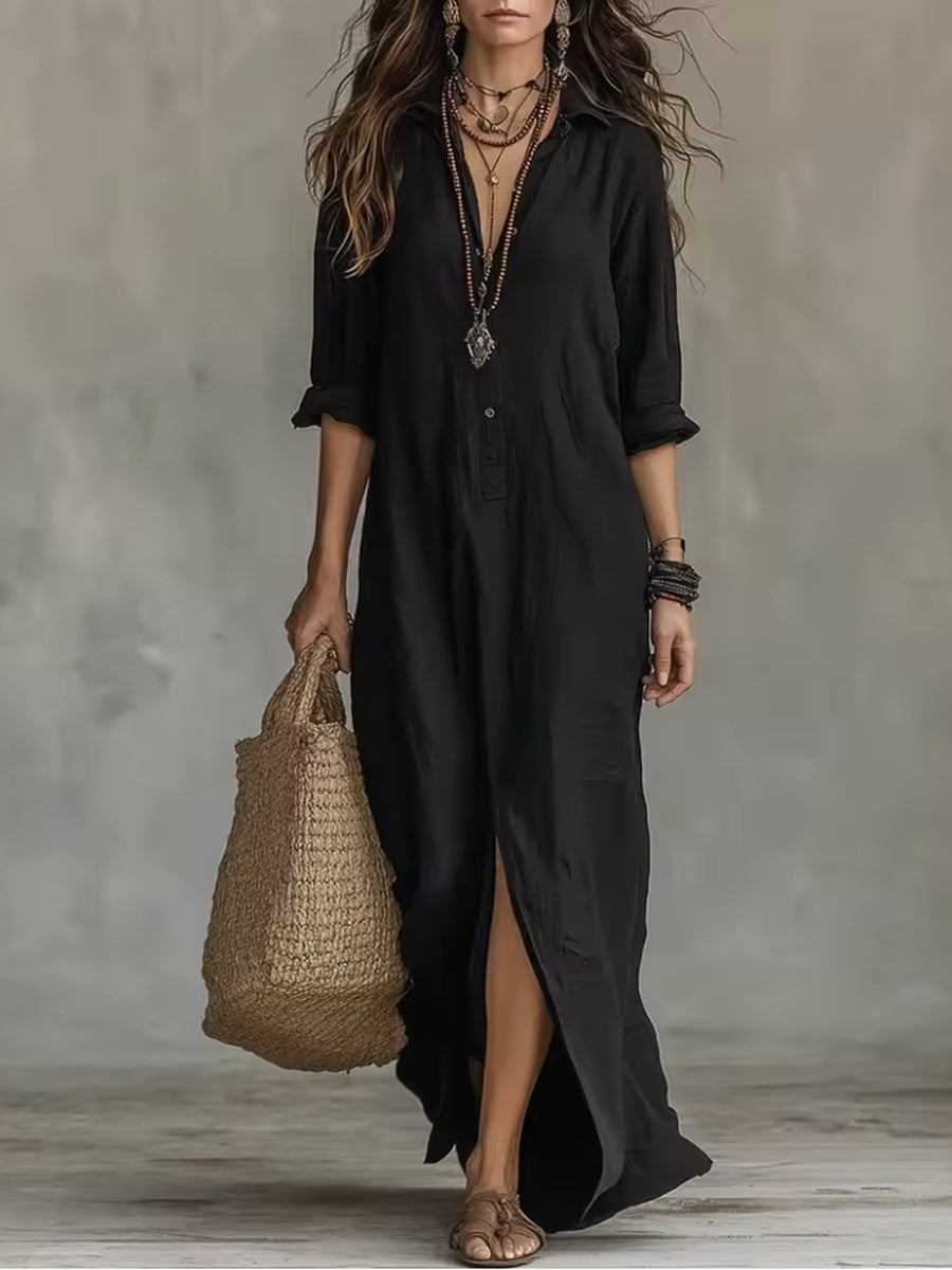Soline | Vestito Lungo Nero Ampio con Bottoni